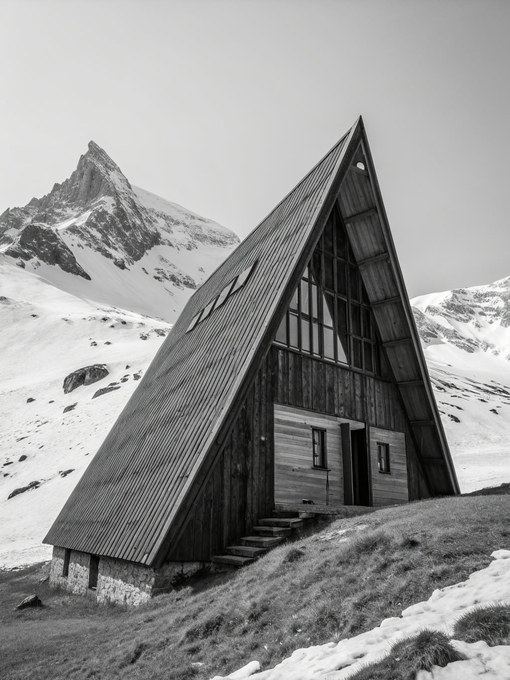 Rifugio a triangolo rivestito in legno scuro, con la cresta innevata alle spalle