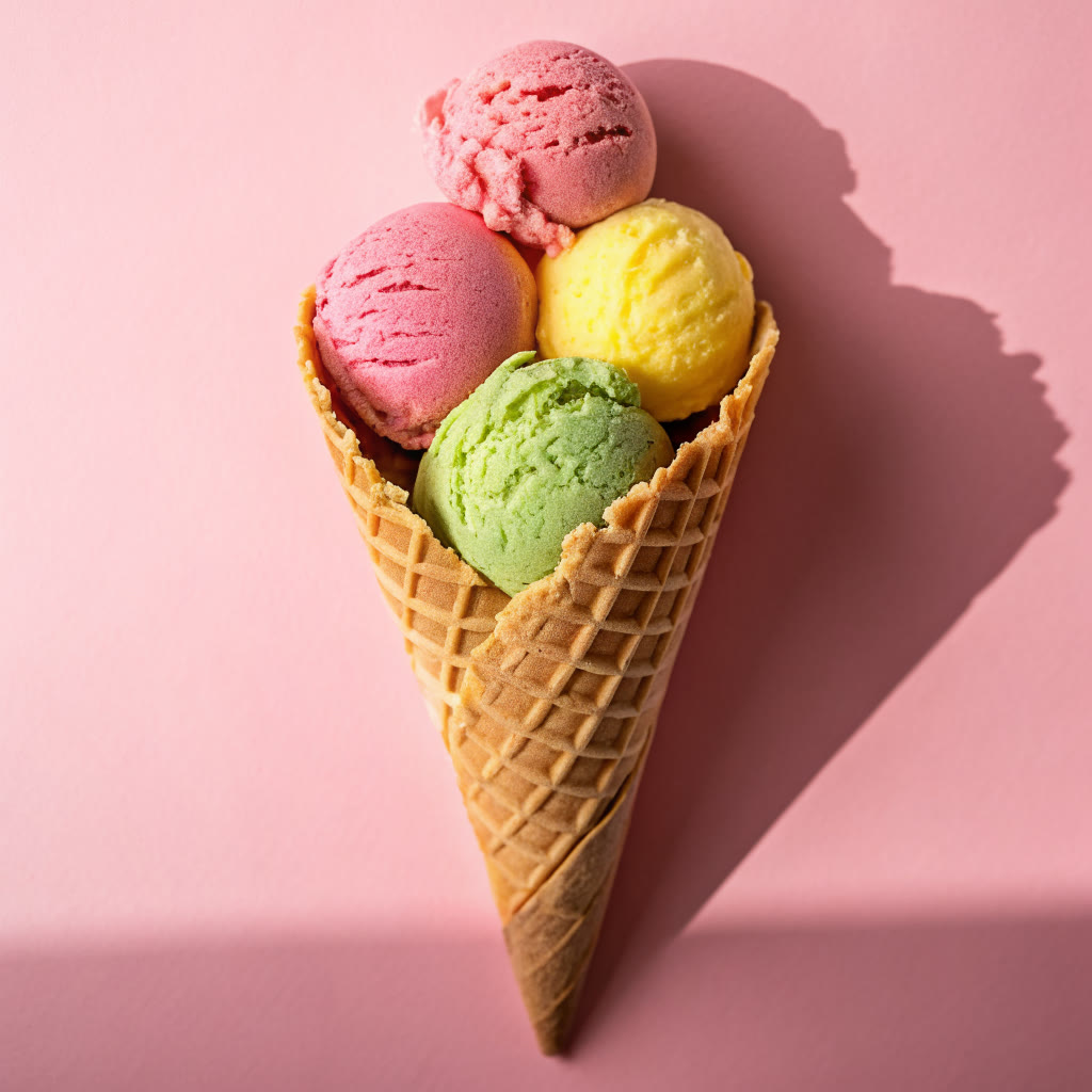 Cono con quattro palline di gelato: due di fragola, una di limone e una di pistacchio