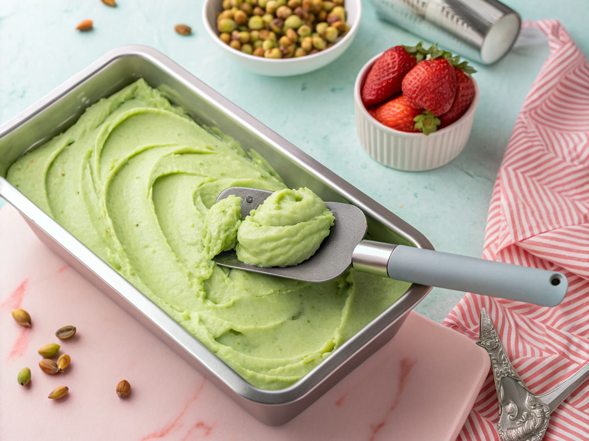 Vaschetta di gelato al pistacchio appena mantecato, con una spatola, fragole e pistacchi sul banco