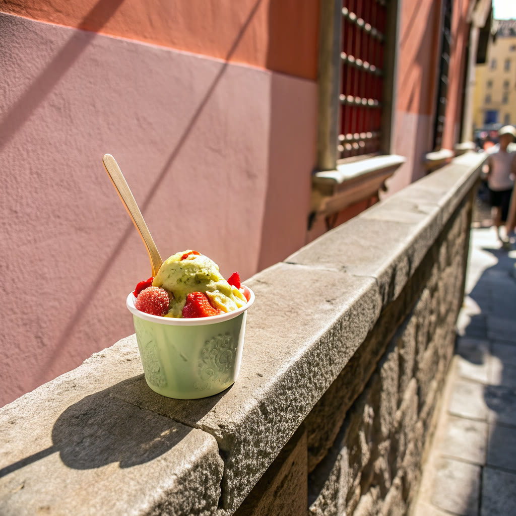 Polaroid di una coppetta di gelato tenuta in mano davanti al banco