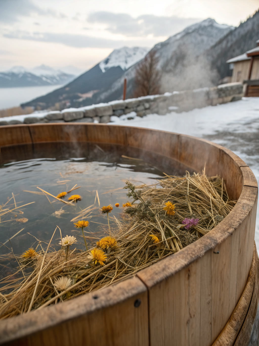 Tinozza di larice all'aperto piena d'acqua calda con fieno e fiori di montagna, le cime innevate sullo sfondo