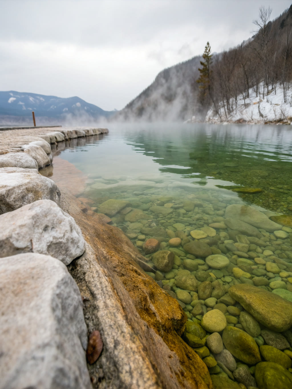 Vasca di sorgente dall'acqua verde e trasparente sui ciottoli, con il vapore che sale verso il bosco innevato