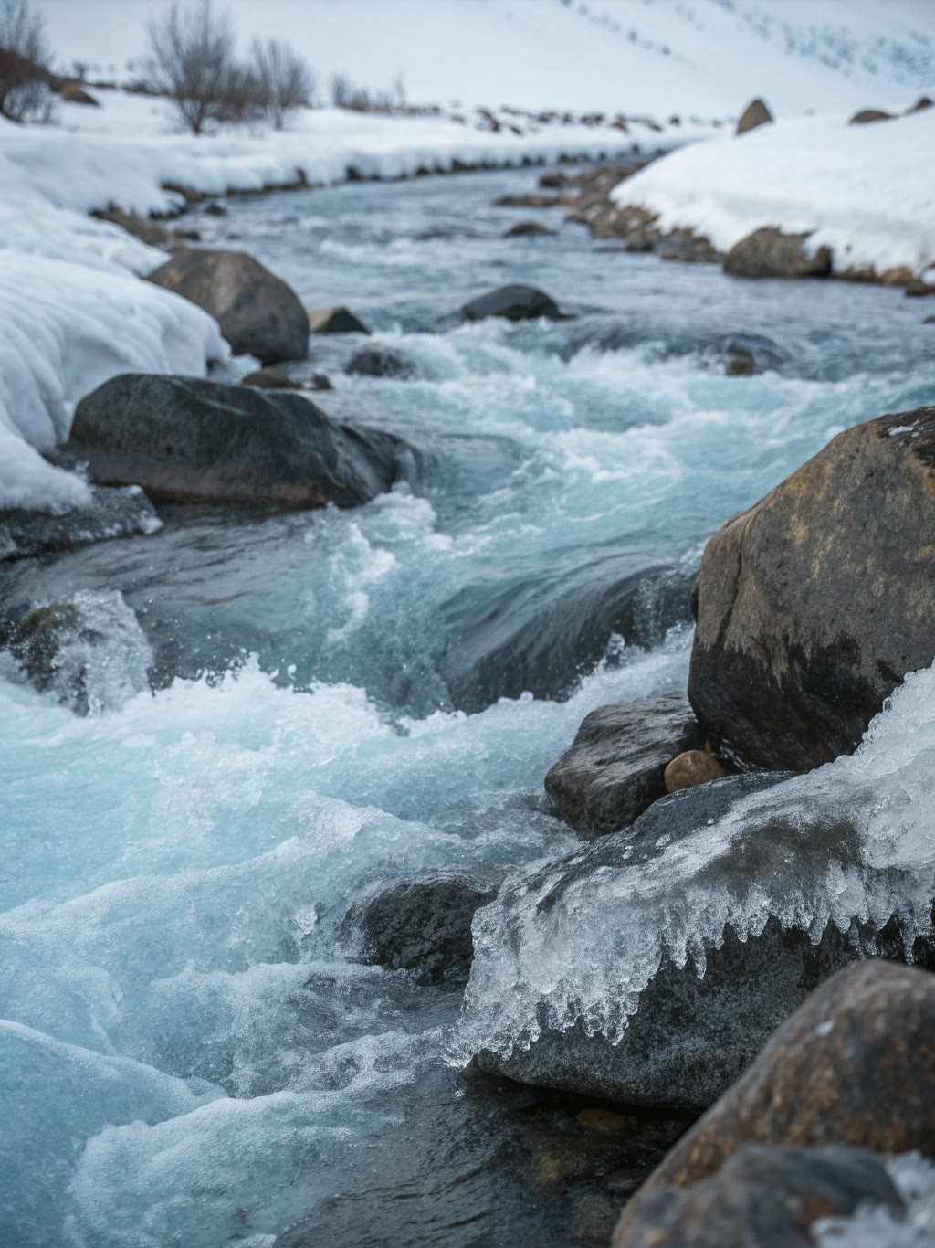 Torrente di montagna che corre bianco tra massi e lastre di ghiaccio, con la neve sulle rive