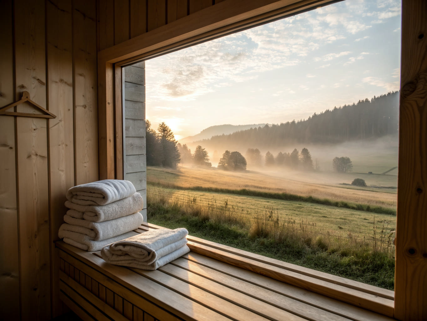 Finestra di una sauna all'alba, con asciugamani piegati sulla panca e il prato nella nebbia