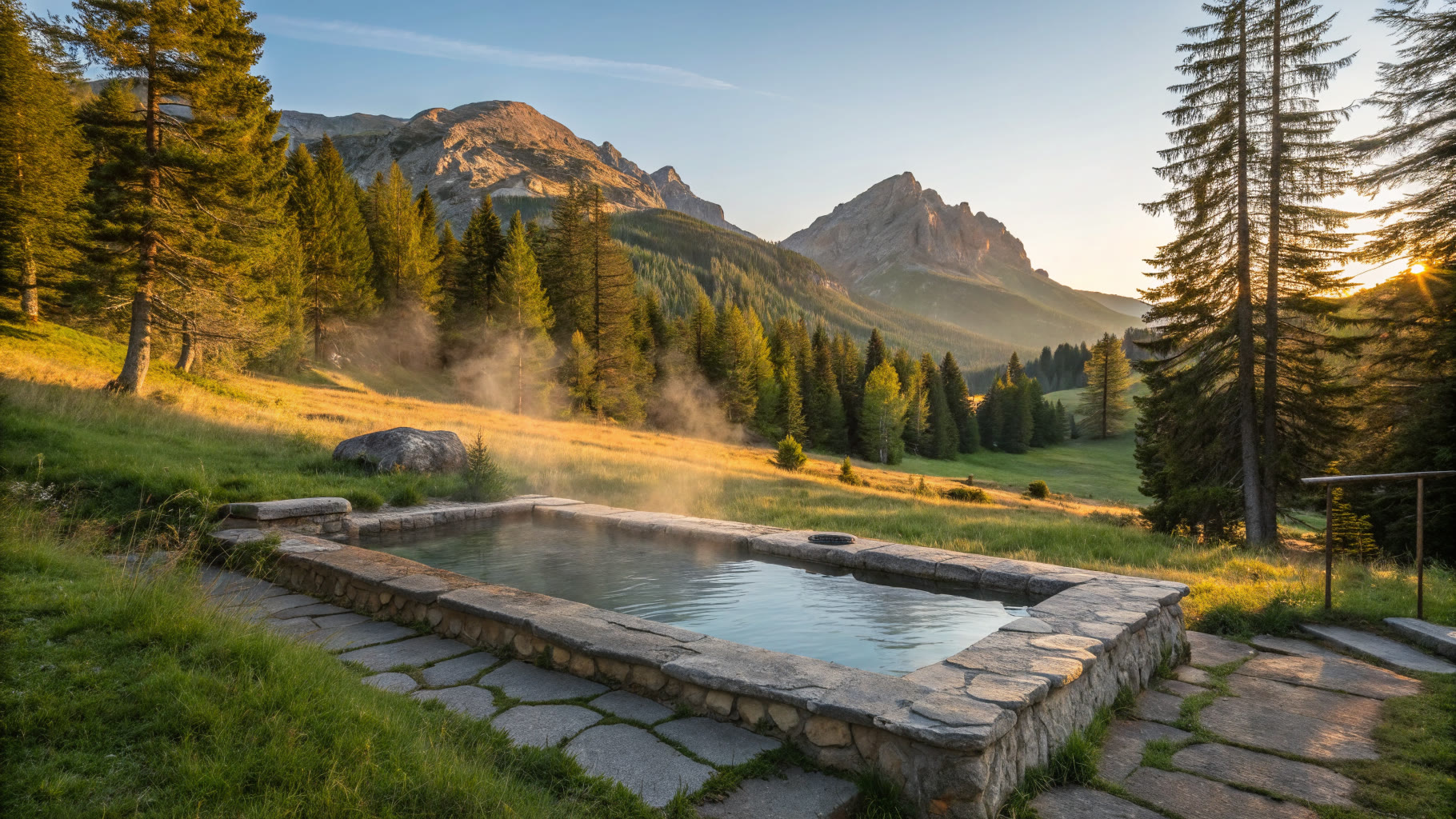 La vasca nell'erba alta con il sole basso tra gli abeti e le cime dorate