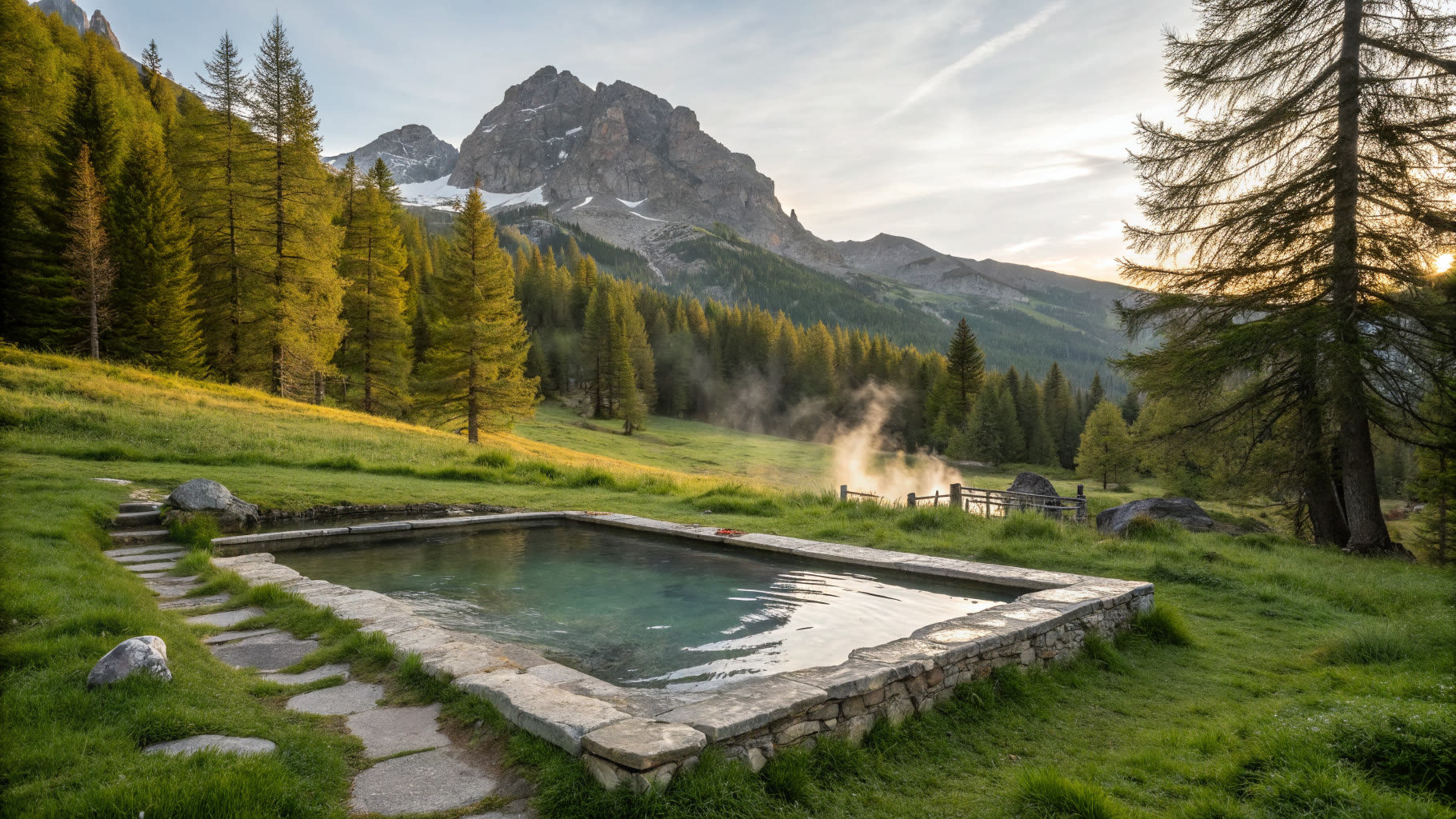 La stessa vasca nel prato verde al tramonto, con il vapore che sale verso il bosco