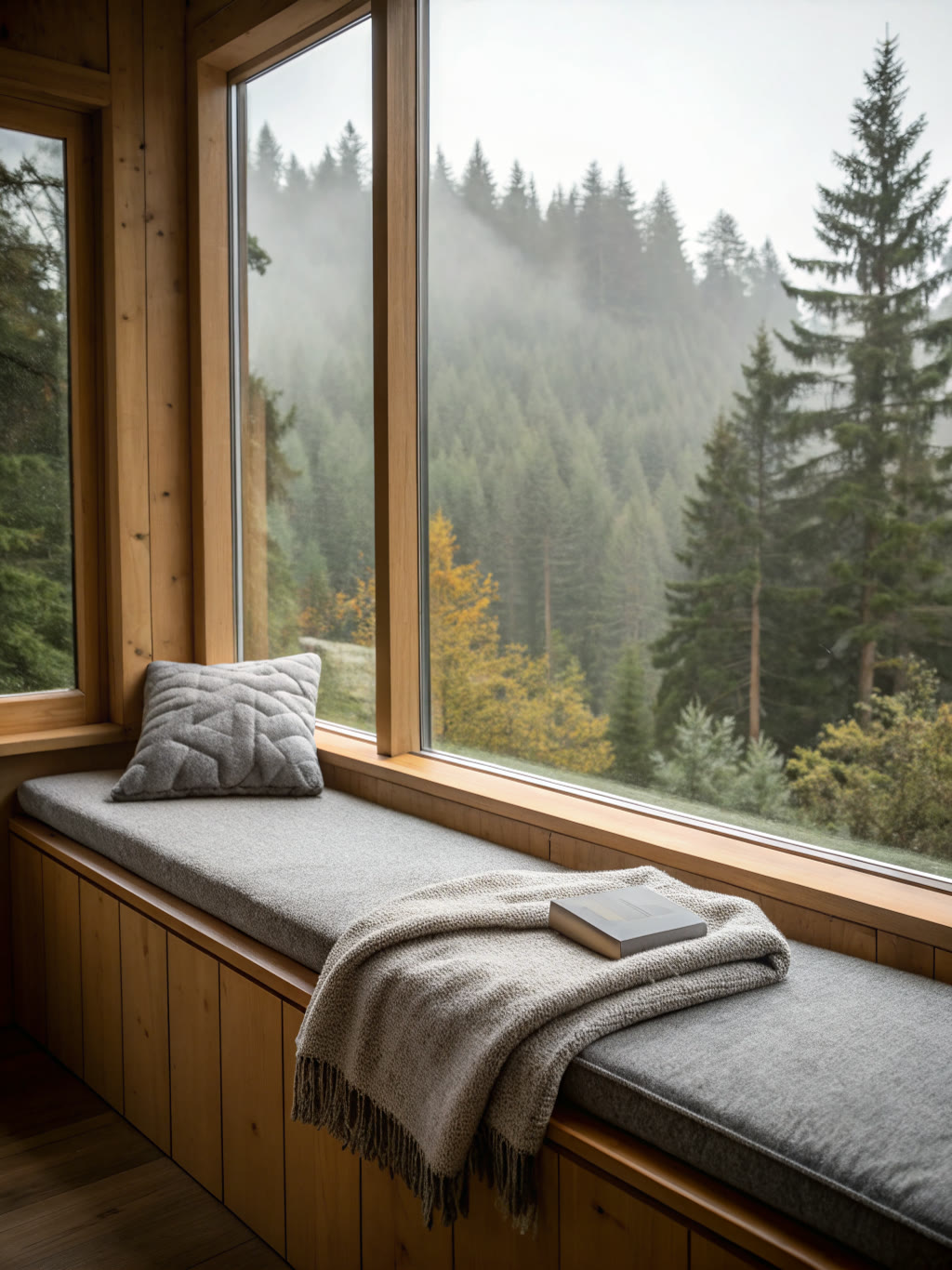 Panca imbottita sotto una finestra d'angolo, con una coperta e un libro, e il bosco nella nebbia