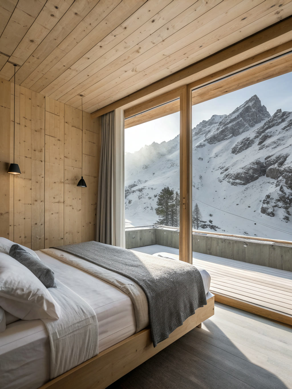 Camera in legno chiaro con il letto davanti a una vetrata a tutta altezza sulla parete innevata
